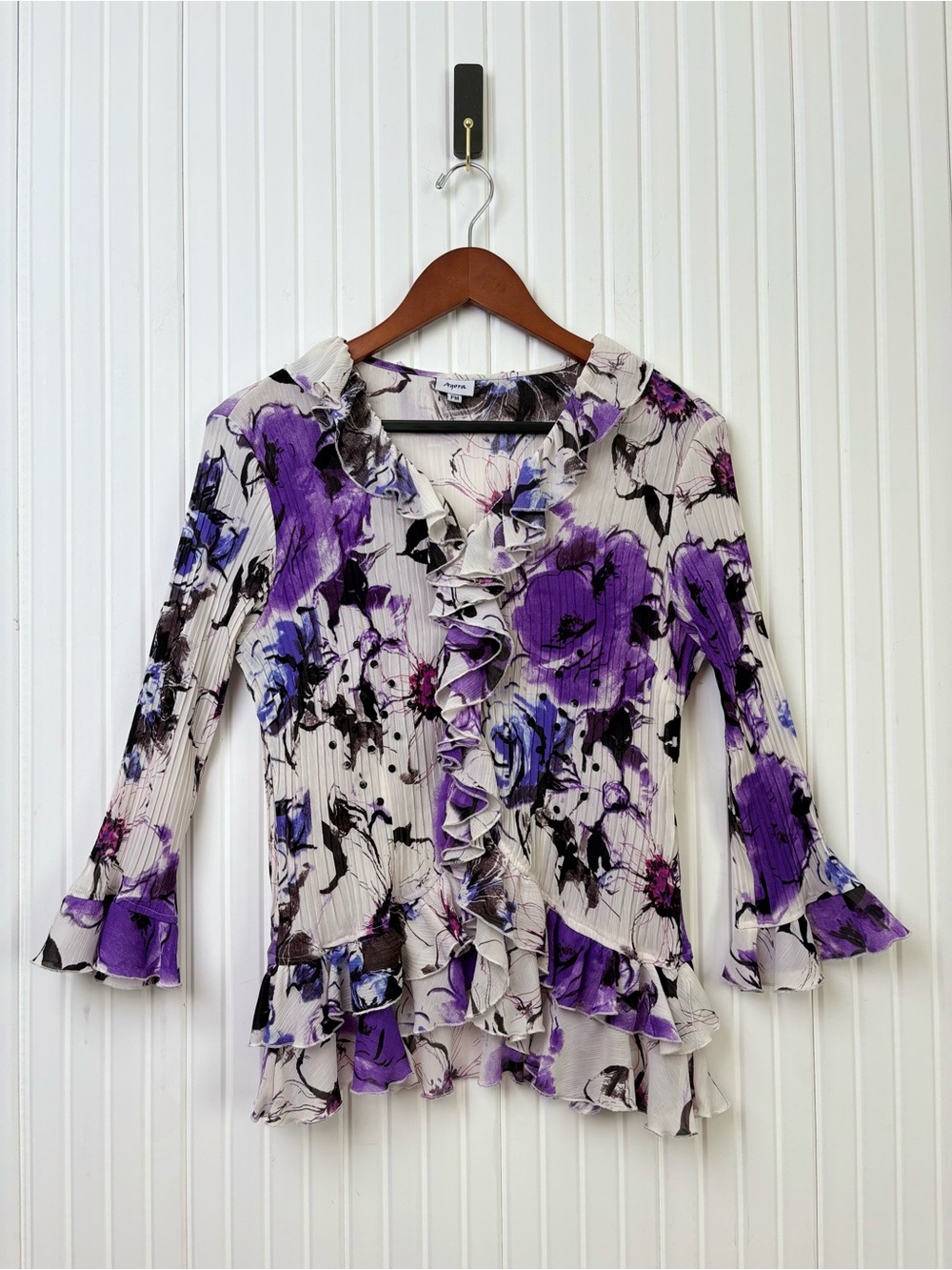 Vintage Victorian Top PM Ruffle V Neck Bell Sleeve Crinkle Indie Fairy Y2K